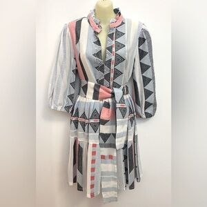 Sofia Italian Cotton Geometric Patterned Belted Dress with Puff Sleeves